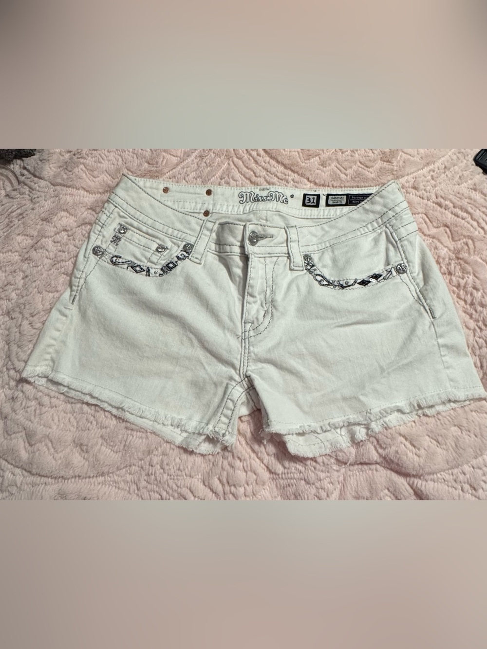 Miss Me White Frayed Hem Denim Shorts with Embellished Pocket Trim